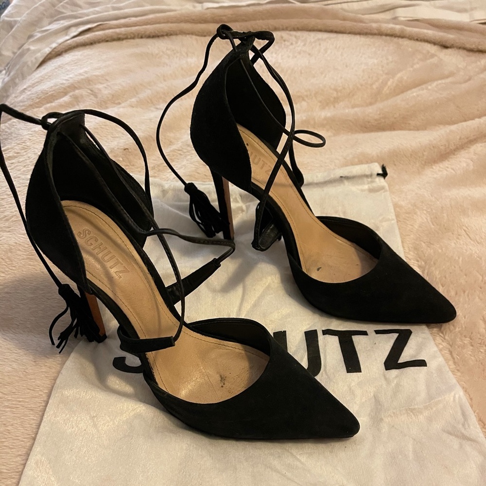Schutz Black Suede Cross Tie Pump